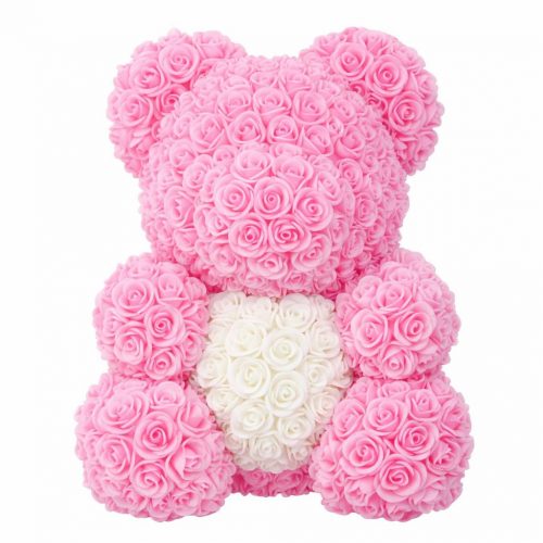 Мишка из роз розовый с белым сердцем (40 см)